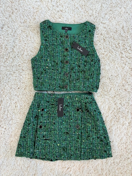 Lulus Other - Lulus Green Tweed Two-Piece Set - Cropped Vest & Mini Skirt